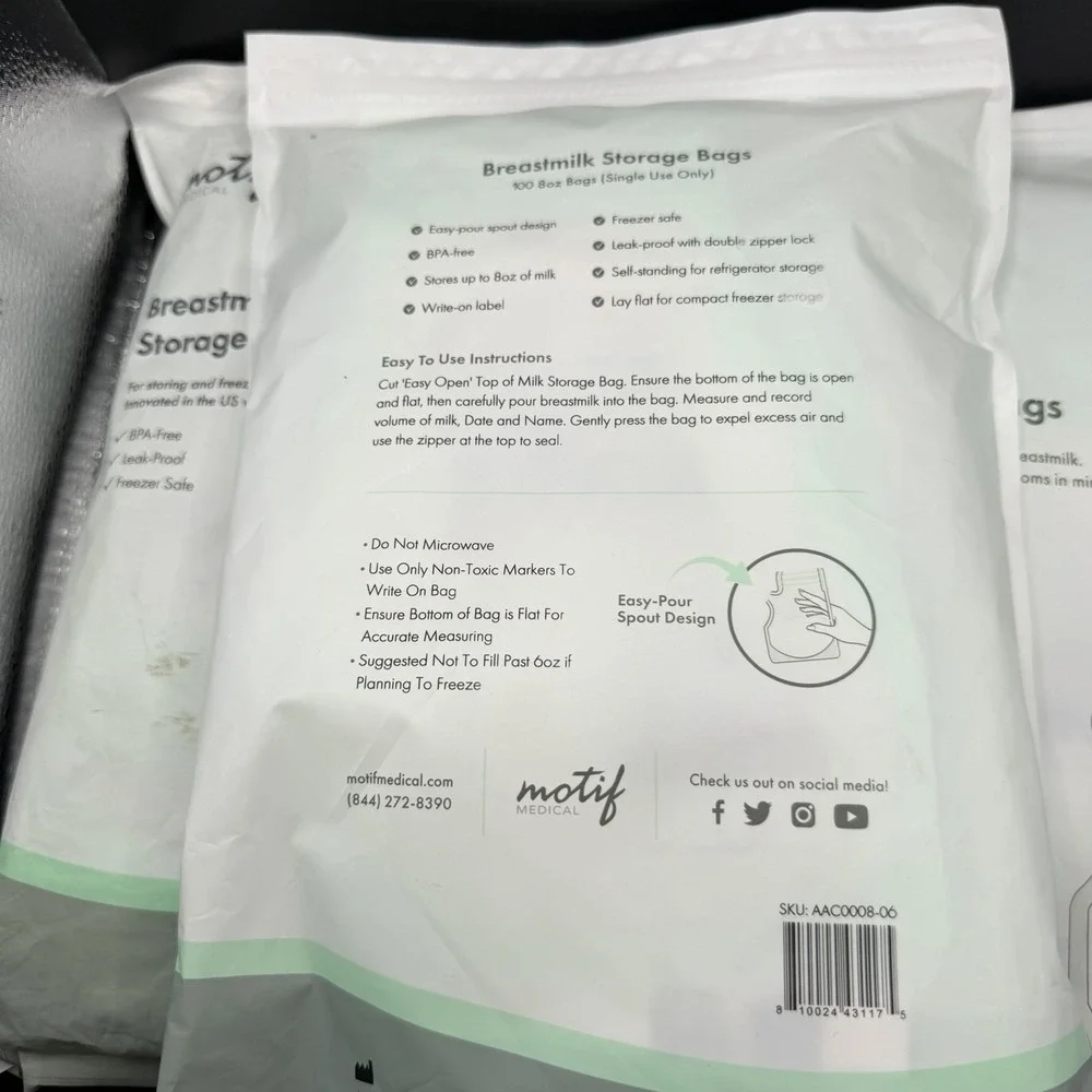 Motif Medical Breast Milk Storage Bags 8oz Single Use Bags 100 count BPA-Free